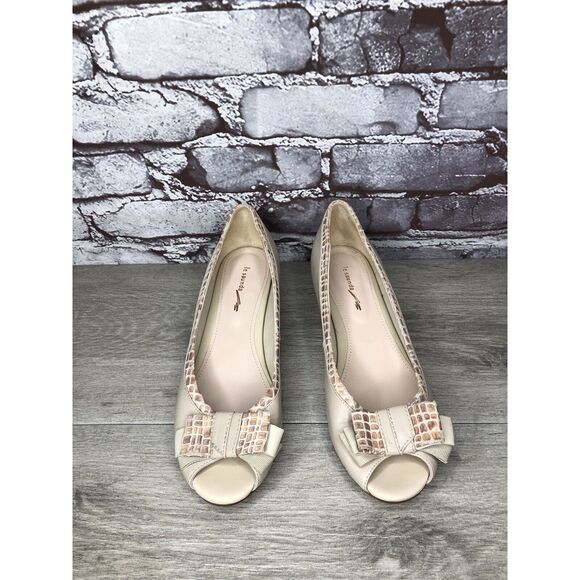 LE SAUNDA Ivory Leather Pink Croc Bow Peep Toe Wedges Women’s Sz 38EU/7.5M US - Picture 4 of 16